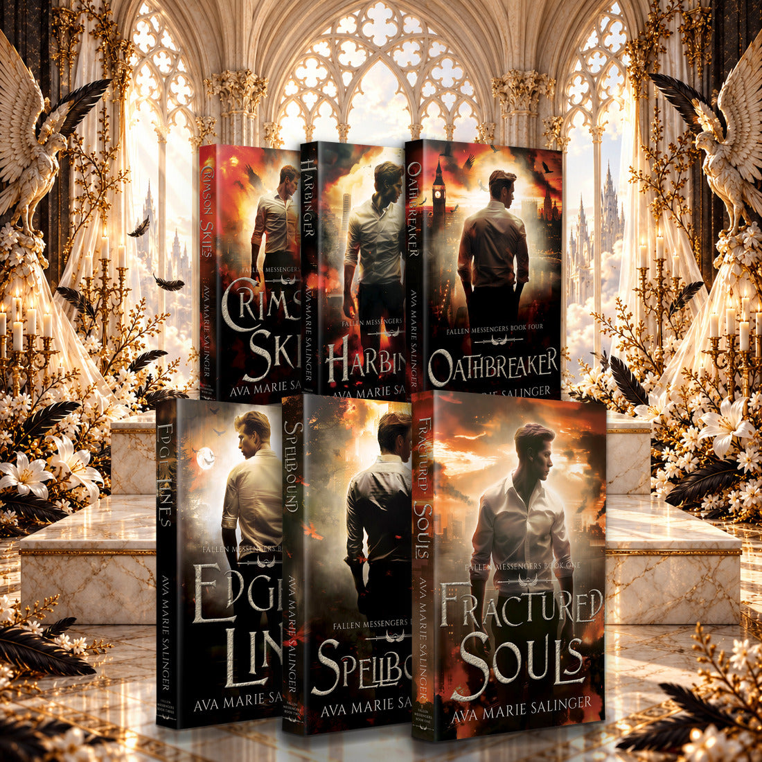 Fallen Messengers Books 1-6 Paperback bundle by Ava Marie Salinger, displayed on a marble plinth in a sunlit Gothic hall