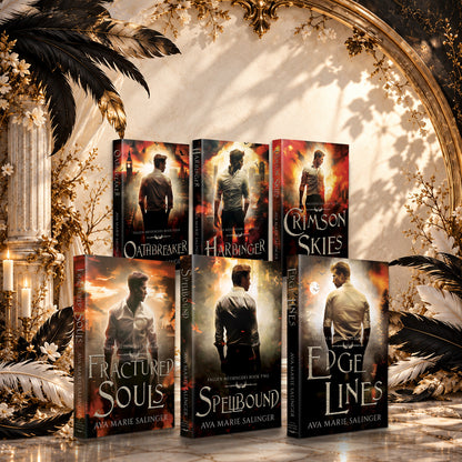 Fallen Messengers Books 1-6 Paperback bundle by Ava Marie Salinger, displayed on a marble plinth in a sunlit Gothic hall