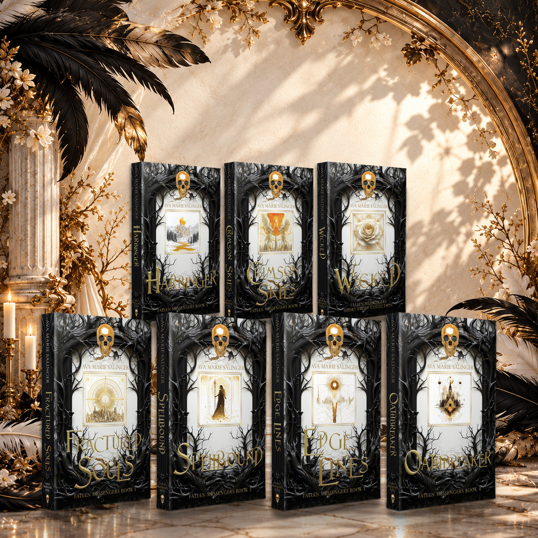 Fallen Messengers Books 1-7 Special Edition Paperback complete series bundle by Ava Marie Salinger, displayed on a marble plinth in a sunlit Gothic hall