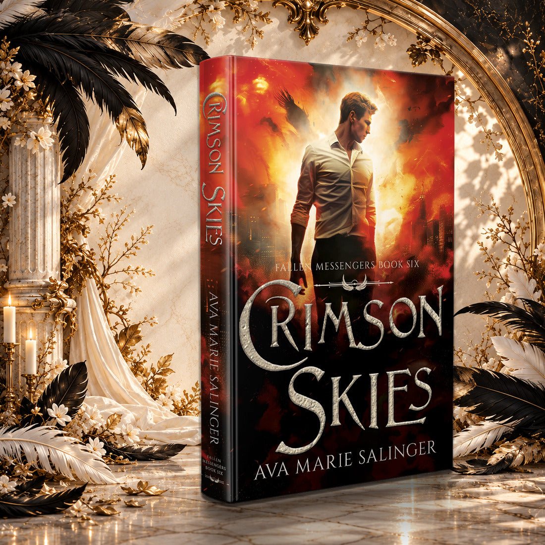 Crimson Skies (Fallen Messengers Book 6) Hardback by Ava Marie Salinger in a sunlit ivory and gold hall with black and white feathers