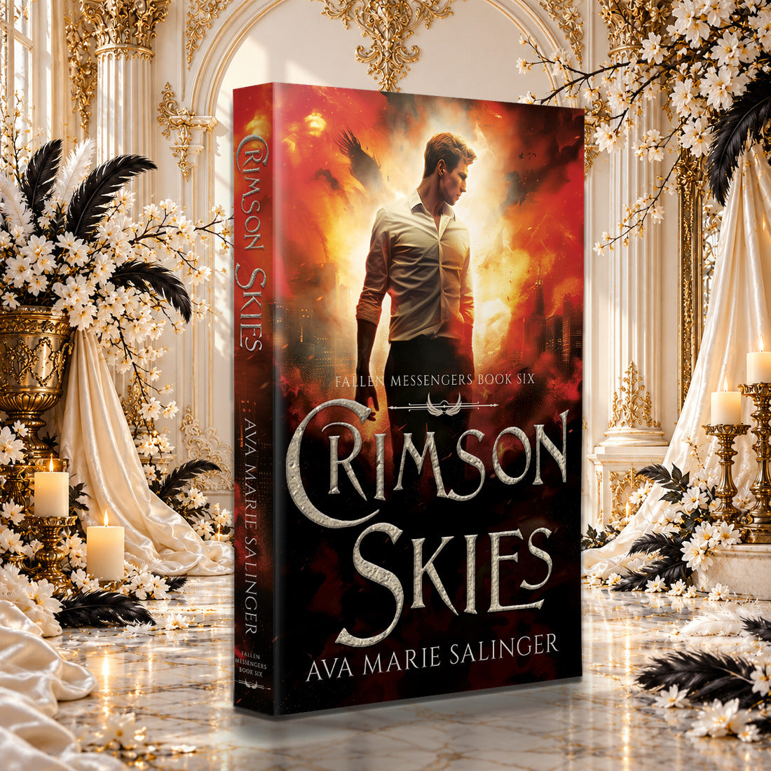 Crimson Skies (Fallen Messengers Book 6) Paperback by Ava Marie Salinger among white blossoms, gold candlesticks and ivory silk