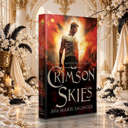Crimson Skies (Fallen Messengers Book 6) Paperback by Ava Marie Salinger among white blossoms, gold candlesticks and ivory silk