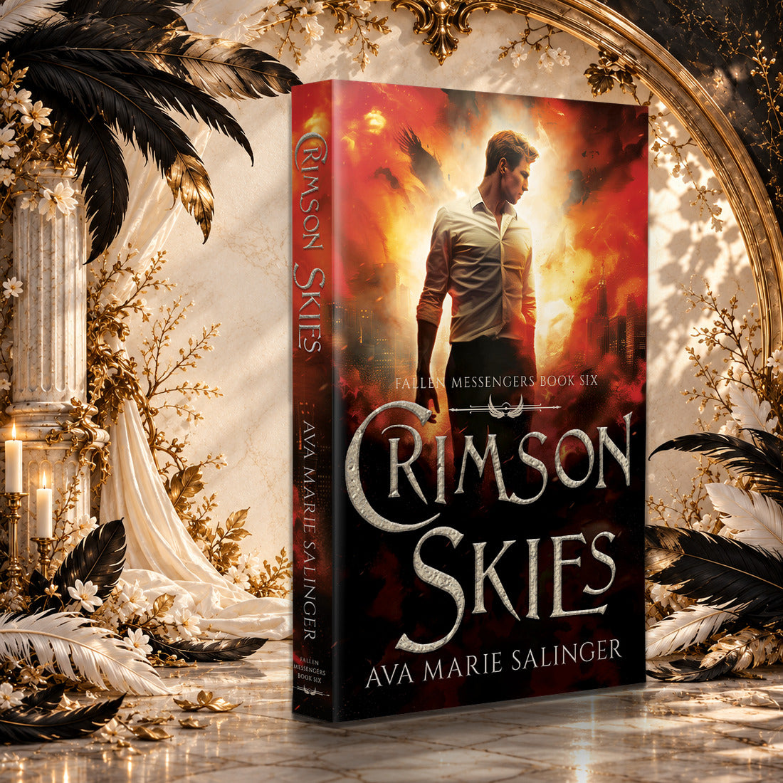 Crimson Skies (Fallen Messengers Book 6) Paperback by Ava Marie Salinger in a sunlit ivory and gold hall with black and white feathers