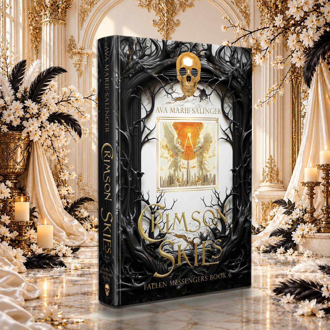 Crimson Skies (Fallen Messengers Book 6) Special Edition Hardback by Ava Marie Salinger among white blossoms, gold candlesticks and ivory silk