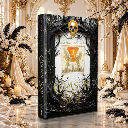 Crimson Skies (Fallen Messengers Book 6) Special Edition Hardback by Ava Marie Salinger among white blossoms, gold candlesticks and ivory silk