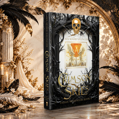 Crimson Skies (Fallen Messengers Book 6) Special Edition Hardback by Ava Marie Salinger in a sunlit ivory and gold hall with black and white feathers