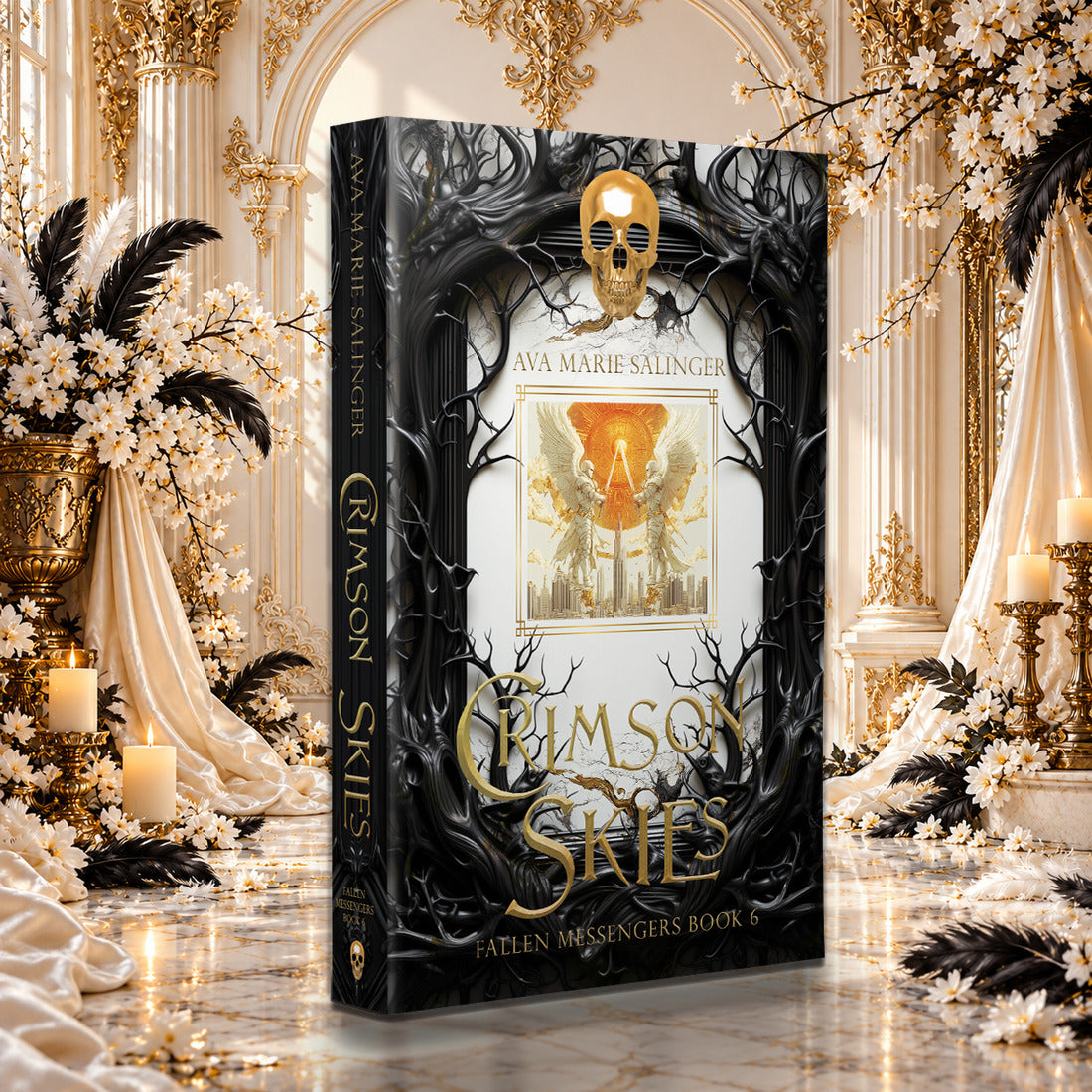 Crimson Skies (Fallen Messengers Book 6) Special Edition Paperback by Ava Marie Salinger among white blossoms, gold candlesticks and ivory silk