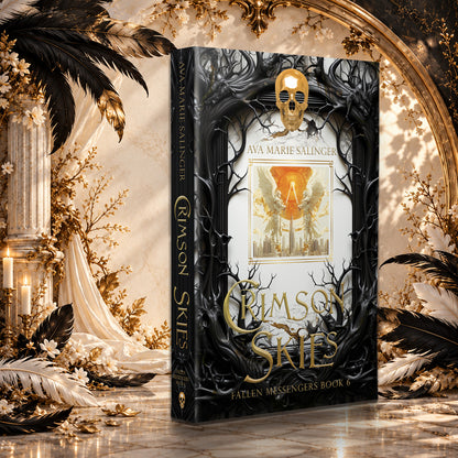 Crimson Skies (Fallen Messengers Book 6) Special Edition Paperback by Ava Marie Salinger in a sunlit ivory and gold hall with black and white feathers