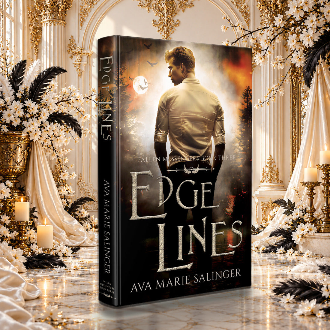 Edge Lines (Fallen Messengers Book 3) Hardback by Ava Marie Salinger among white blossoms, gold candlesticks and ivory silk