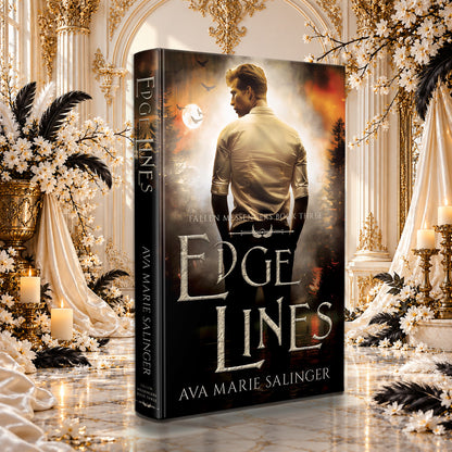 Edge Lines (Fallen Messengers Book 3) Hardback by Ava Marie Salinger among white blossoms, gold candlesticks and ivory silk