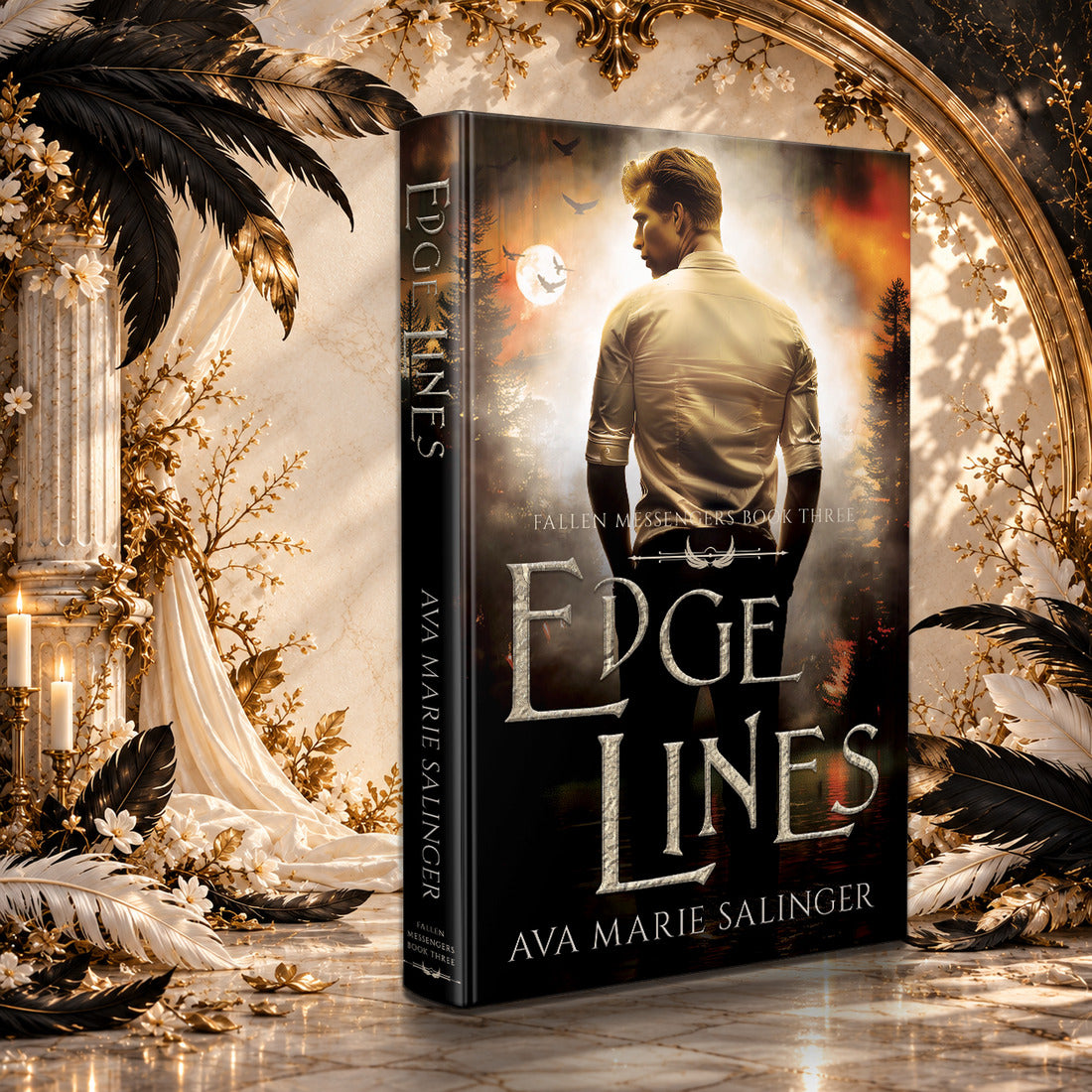 Edge Lines (Fallen Messengers Book 3) Hardback by Ava Marie Salinger in a sunlit ivory and gold hall with black and white feathers