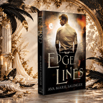 Edge Lines (Fallen Messengers Book 3) Hardback by Ava Marie Salinger in a sunlit ivory and gold hall with black and white feathers