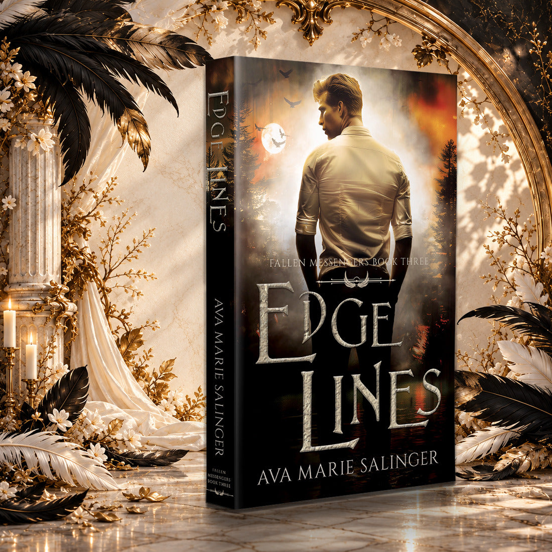 Edge Lines (Fallen Messengers Book 3) Paperback by Ava Marie Salinger in a sunlit ivory and gold hall with black and white feathers