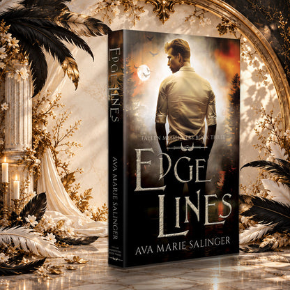Edge Lines (Fallen Messengers Book 3) Paperback by Ava Marie Salinger in a sunlit ivory and gold hall with black and white feathers