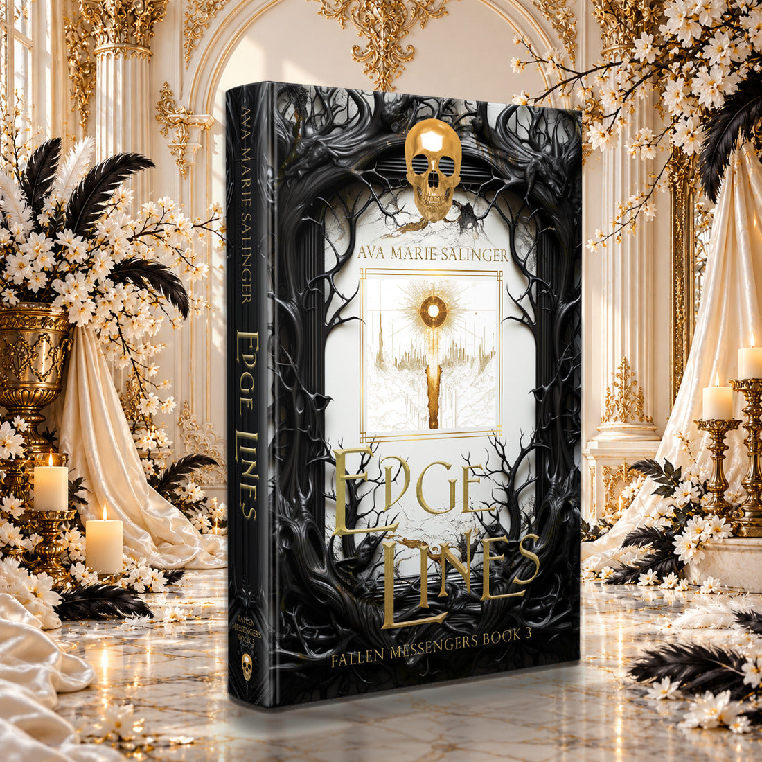 Edge Lines (Fallen Messengers Book 3) Special Edition Hardback by Ava Marie Salinger among white blossoms, gold candlesticks and ivory silk