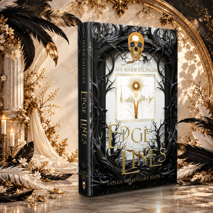 Edge Lines (Fallen Messengers Book 3) Special Edition Hardback by Ava Marie Salinger in a sunlit ivory and gold hall with black and white feathers