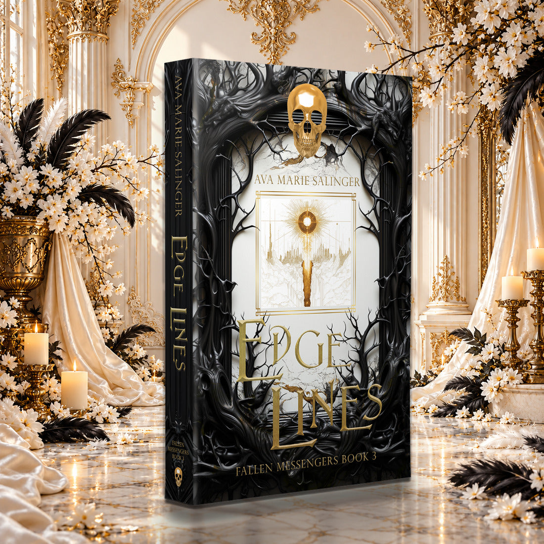 Edge Lines (Fallen Messengers Book 3) Special Edition Paperback by Ava Marie Salinger among white blossoms, gold candlesticks and ivory silk