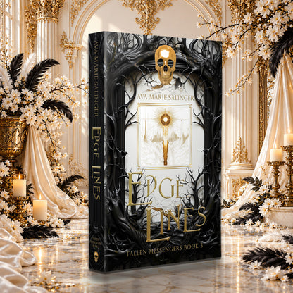 Edge Lines (Fallen Messengers Book 3) Special Edition Paperback by Ava Marie Salinger among white blossoms, gold candlesticks and ivory silk