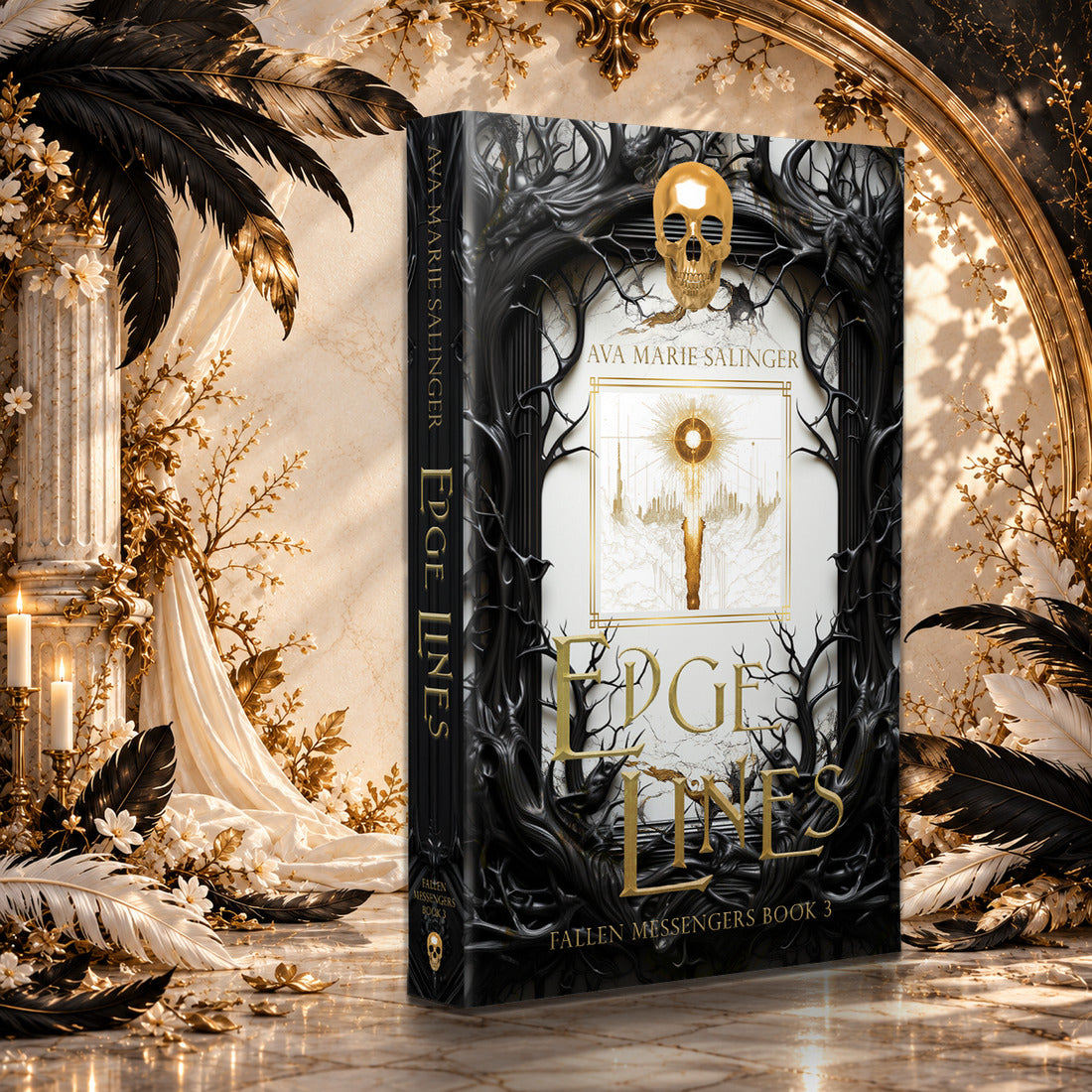 Edge Lines (Fallen Messengers Book 3) Special Edition Paperback by Ava Marie Salinger in a sunlit ivory and gold hall with black and white feathers