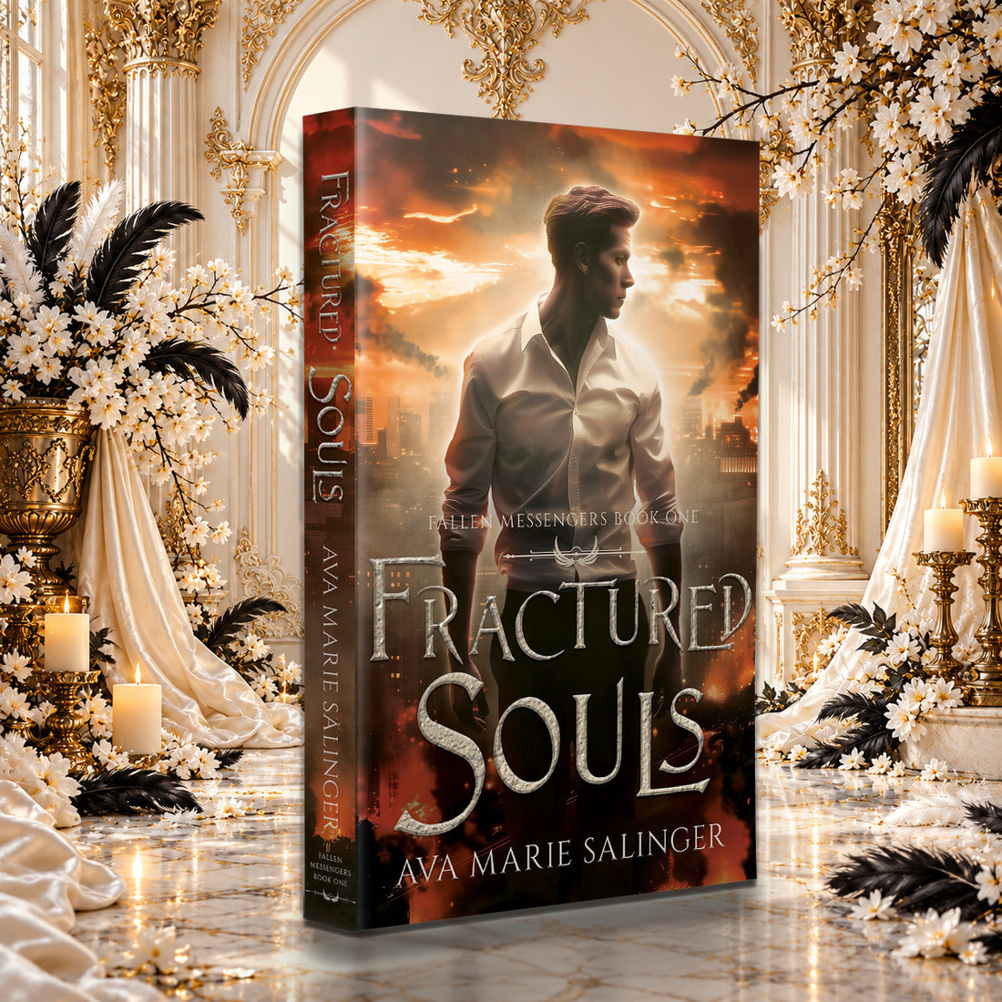 Fractured Souls (Fallen Messengers Book 1) Paperback by Ava Marie Salinger among white blossoms, gold candlesticks and ivory silk