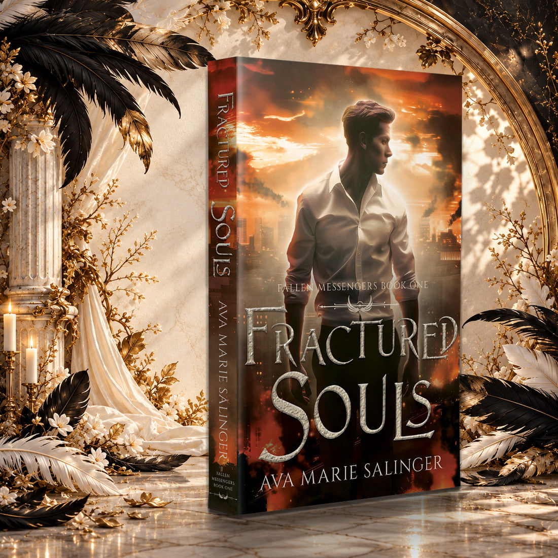 Fractured Souls (Fallen Messengers Book 1) Paperback by Ava Marie Salinger in a sunlit ivory and gold hall with black and white feathers