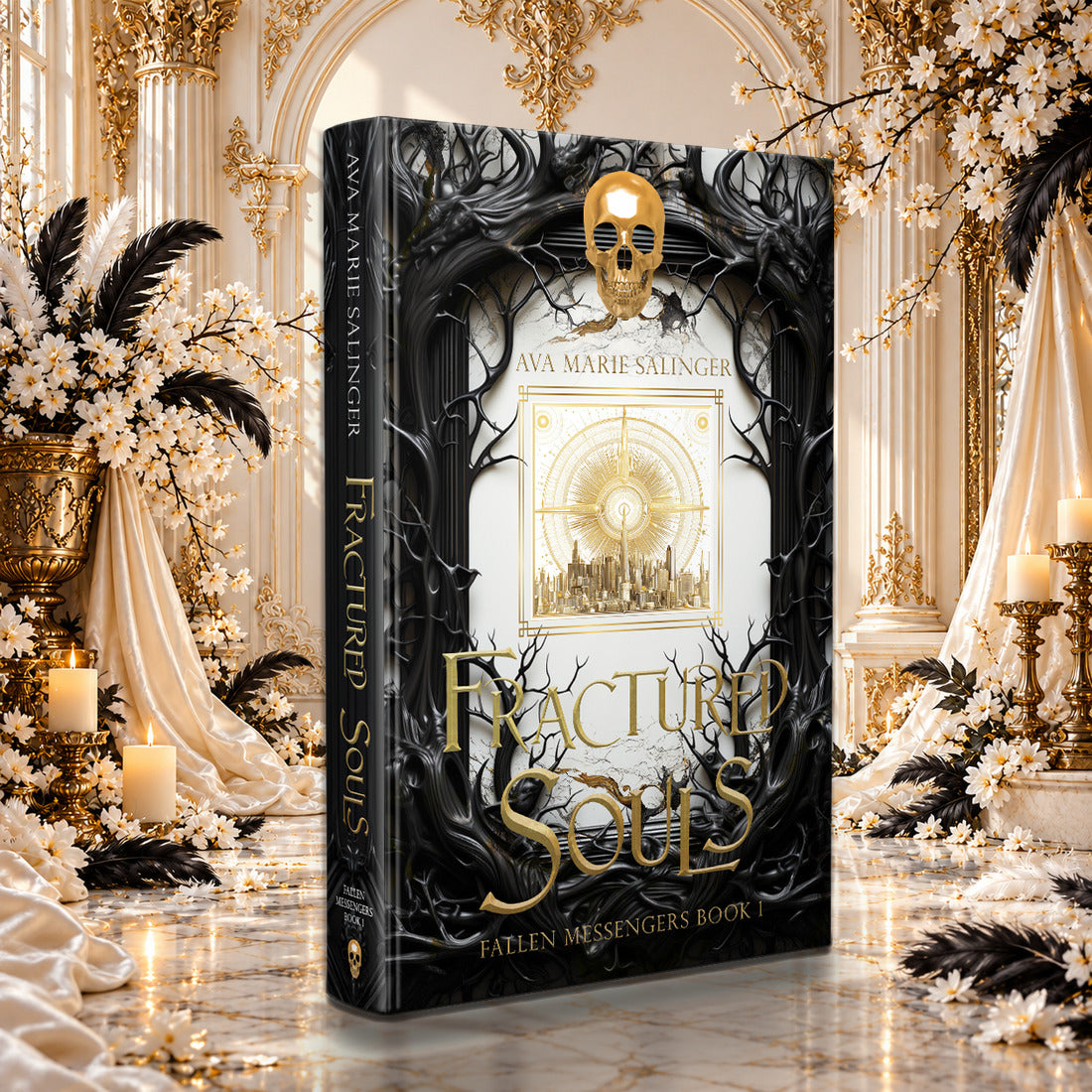 Fractured Souls (Fallen Messengers Book 1) Special Edition Hardback by Ava Marie Salinger among white blossoms, gold candlesticks and ivory silk