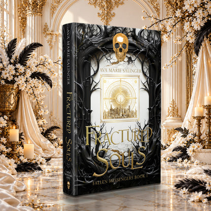 Fractured Souls (Fallen Messengers Book 1) Special Edition Hardback by Ava Marie Salinger among white blossoms, gold candlesticks and ivory silk