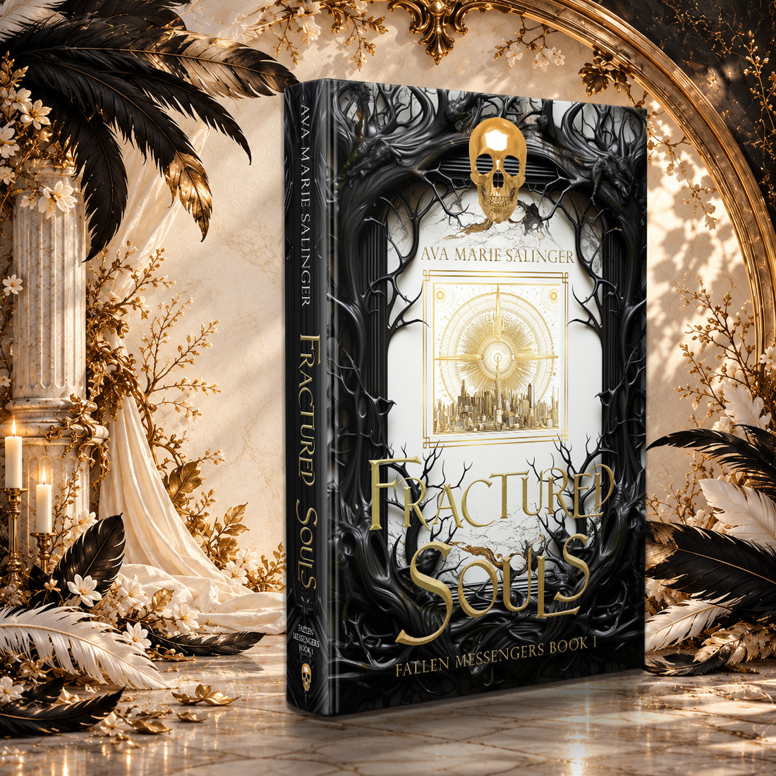 Fractured Souls (Fallen Messengers Book 1) Special Edition Hardback by Ava Marie Salinger in a sunlit ivory and gold hall with black and white feathers