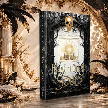 Fractured Souls (Fallen Messengers Book 1) Special Edition Hardback by Ava Marie Salinger in a sunlit ivory and gold hall with black and white feathers