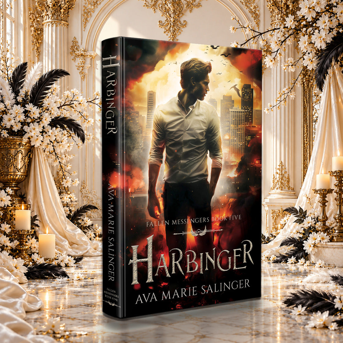 Harbinger (Fallen Messengers Book 5) Hardback by Ava Marie Salinger among white blossoms, gold candlesticks and ivory silk