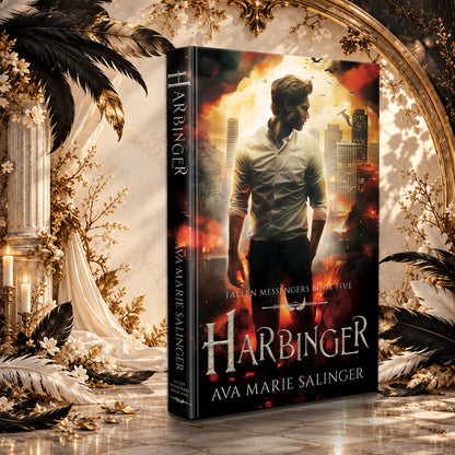 Harbinger (Fallen Messengers Book 5) Hardback by Ava Marie Salinger in a sunlit ivory and gold hall with black and white feathers