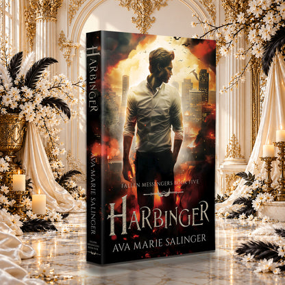 Harbinger (Fallen Messengers Book 5) Paperback by Ava Marie Salinger among white blossoms, gold candlesticks and ivory silk