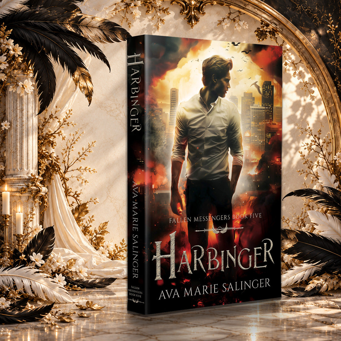 Harbinger (Fallen Messengers Book 5) Paperback by Ava Marie Salinger in a sunlit ivory and gold hall with black and white feathers
