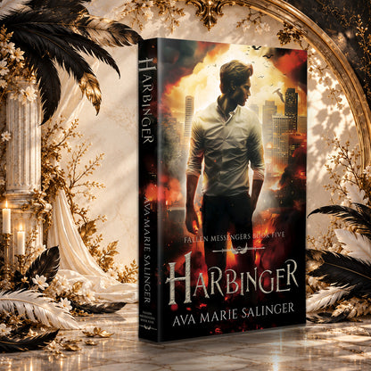 Harbinger (Fallen Messengers Book 5) Paperback by Ava Marie Salinger in a sunlit ivory and gold hall with black and white feathers
