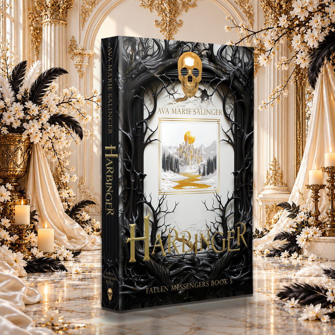 Harbinger (Fallen Messengers Book 5) Special Edition Paperback by Ava Marie Salinger among white blossoms, gold candlesticks and ivory silk