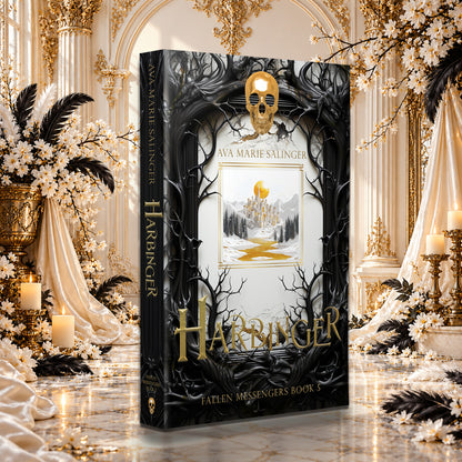 Harbinger (Fallen Messengers Book 5) Special Edition Paperback by Ava Marie Salinger among white blossoms, gold candlesticks and ivory silk
