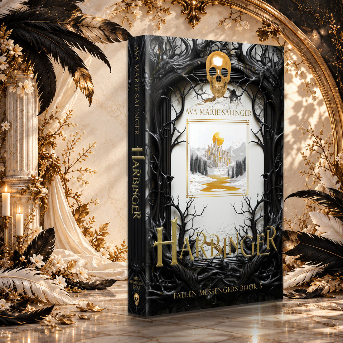 Harbinger (Fallen Messengers Book 5) Special Edition Paperback by Ava Marie Salinger in a sunlit ivory and gold hall with black and white feathers