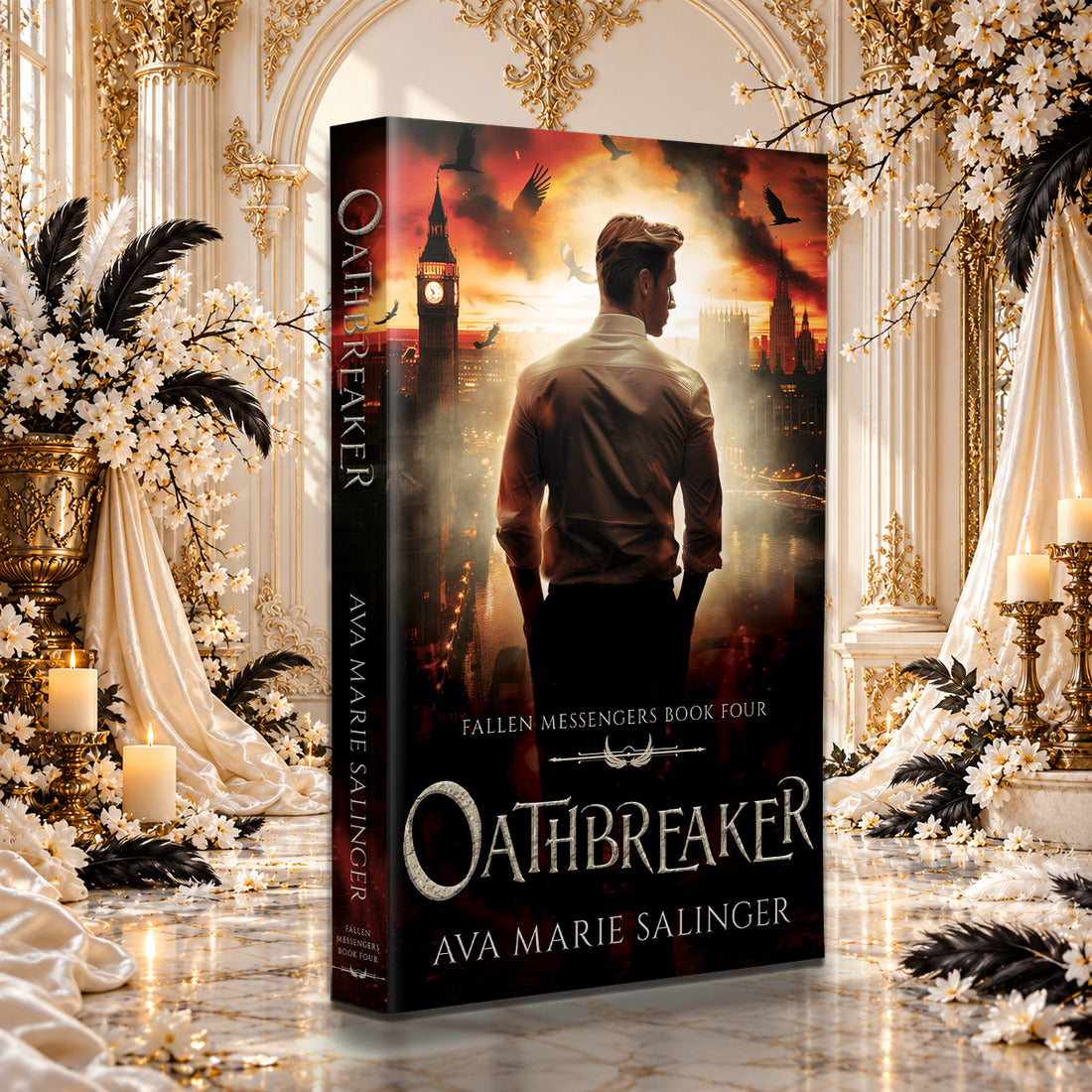 Oathbreaker (Fallen Messengers Book 4) Paperback by Ava Marie Salinger among white blossoms, gold candlesticks and ivory silk