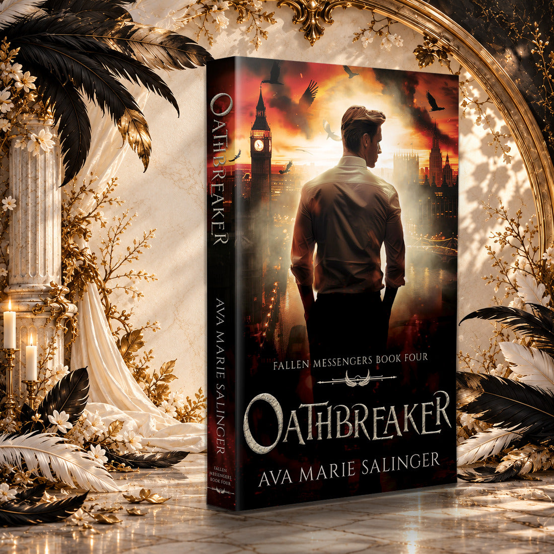 Oathbreaker (Fallen Messengers Book 4) Paperback by Ava Marie Salinger in a sunlit ivory and gold hall with black and white feathers