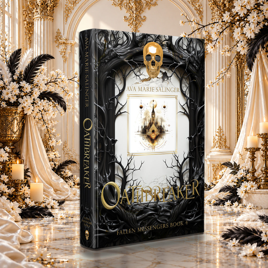 Oathbreaker (Fallen Messengers Book 4) Special Edition Hardback by Ava Marie Salinger among white blossoms, gold candlesticks and ivory silk