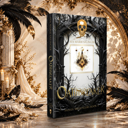 Oathbreaker (Fallen Messengers Book 4) Special Edition Hardback by Ava Marie Salinger in a sunlit ivory and gold hall with black and white feathers