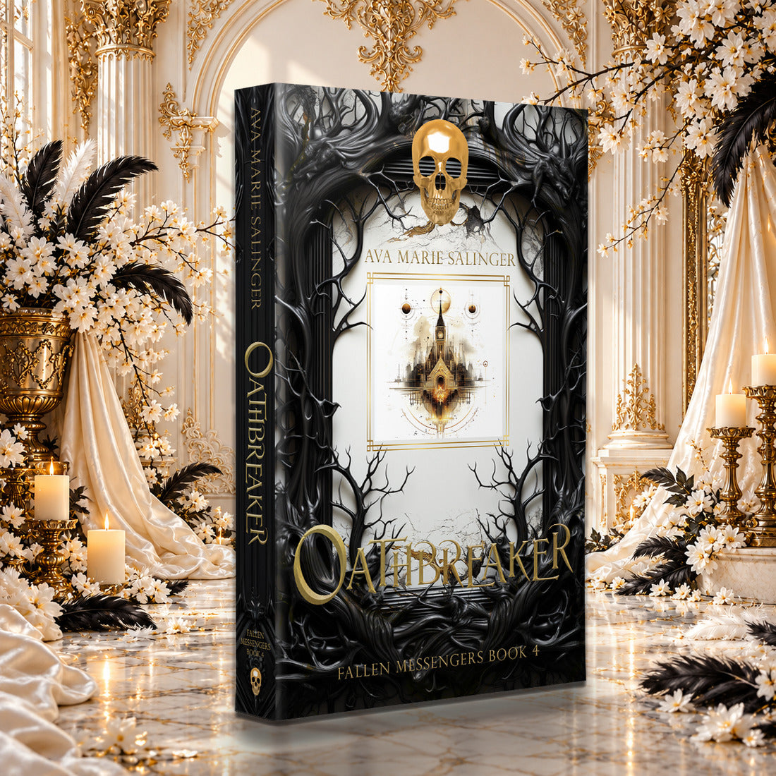 Oathbreaker (Fallen Messengers Book 4) Special Edition Paperback by Ava Marie Salinger among white blossoms, gold candlesticks and ivory silk