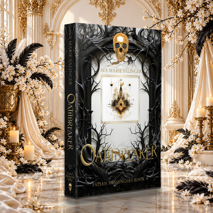 Oathbreaker (Fallen Messengers Book 4) Special Edition Paperback by Ava Marie Salinger among white blossoms, gold candlesticks and ivory silk