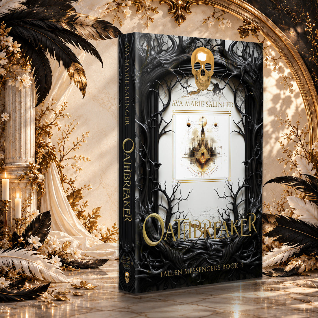 Oathbreaker (Fallen Messengers Book 4) Special Edition Paperback by Ava Marie Salinger in a sunlit ivory and gold hall with black and white feathers
