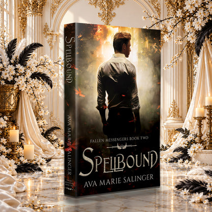 Spellbound (Fallen Messengers Book 2) Paperback by Ava Marie Salinger among white blossoms, gold candlesticks and ivory silk