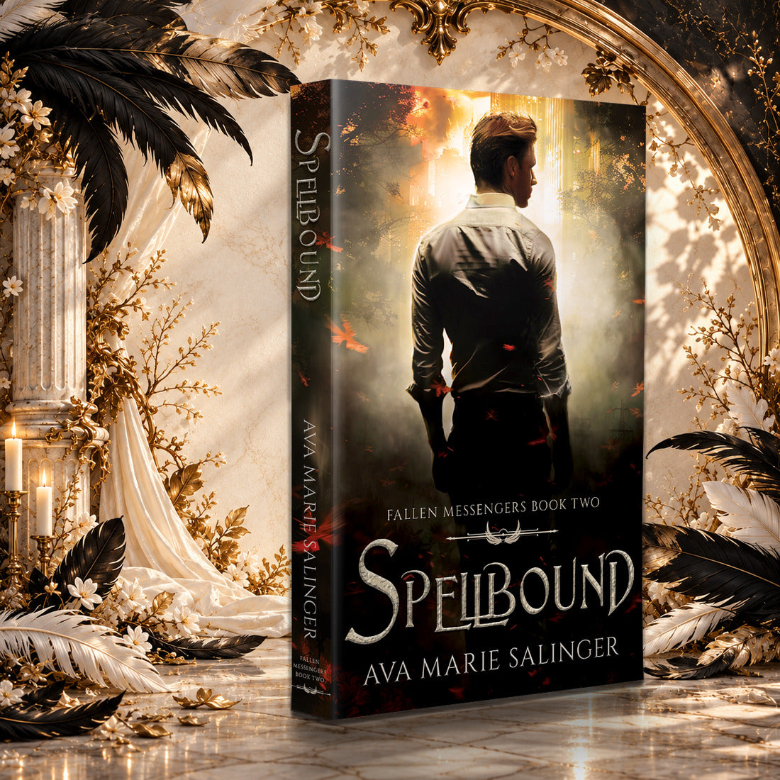 Spellbound (Fallen Messengers Book 2) Paperback by Ava Marie Salinger in a sunlit ivory and gold hall with black and white feathers