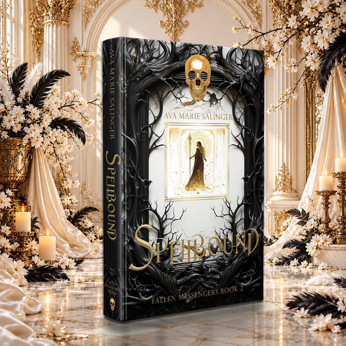 Spellbound (Fallen Messengers Book 2) Special Edition Hardback by Ava Marie Salinger among white blossoms, gold candlesticks and ivory silk