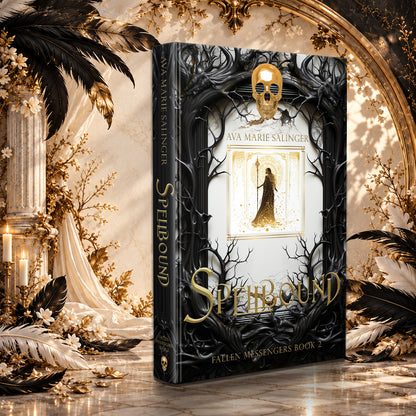 Spellbound (Fallen Messengers Book 2) Special Edition Hardback by Ava Marie Salinger in a sunlit ivory and gold hall with black and white feathers
