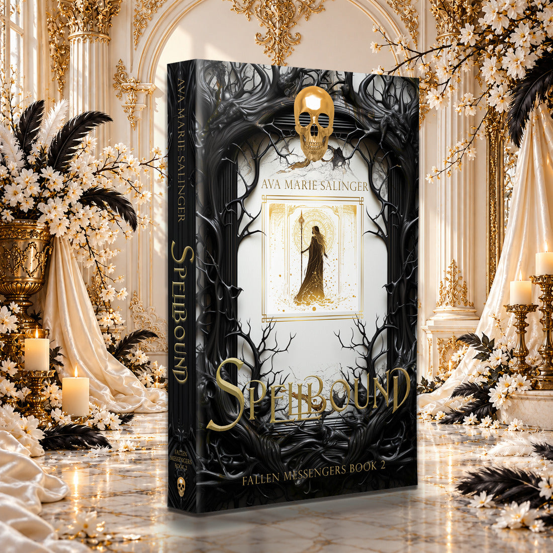 Spellbound (Fallen Messengers Book 2) Special Edition Paperback by Ava Marie Salinger among white blossoms, gold candlesticks and ivory silk