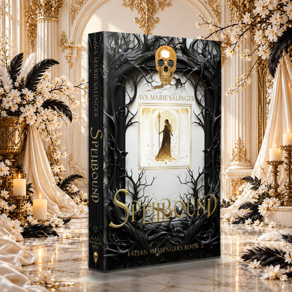 Spellbound (Fallen Messengers Book 2) Special Edition Paperback by Ava Marie Salinger among white blossoms, gold candlesticks and ivory silk